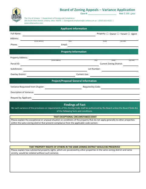 First page of the Board of Zoning Appeals – Variance Application