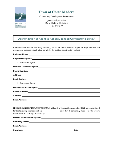 First page of the Authorization of Agent to Act on Licensed Contractor’s Behalf