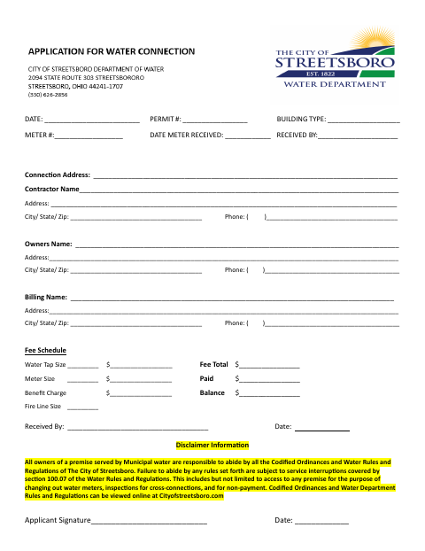 First page of the Water Application for Connection