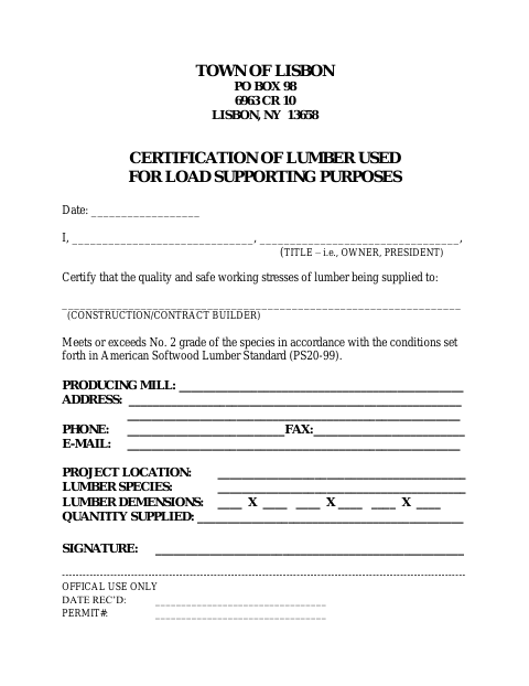 First page of the Certification of Lumber Used for Load Supporting Purposes