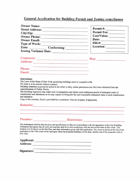 First page of the General Application for Building Permit and Zoning Compliance