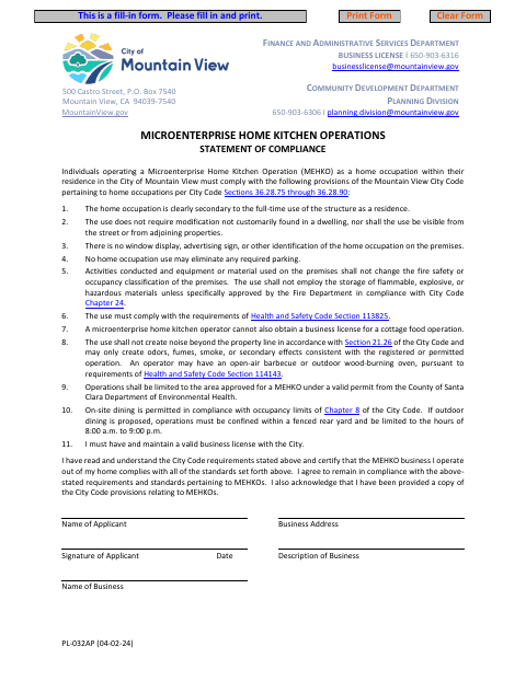 First page of the Microenterprise Home Kitchen Operations Statement Of Compliance