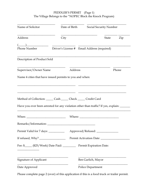 First page of the Peddler’s Permit