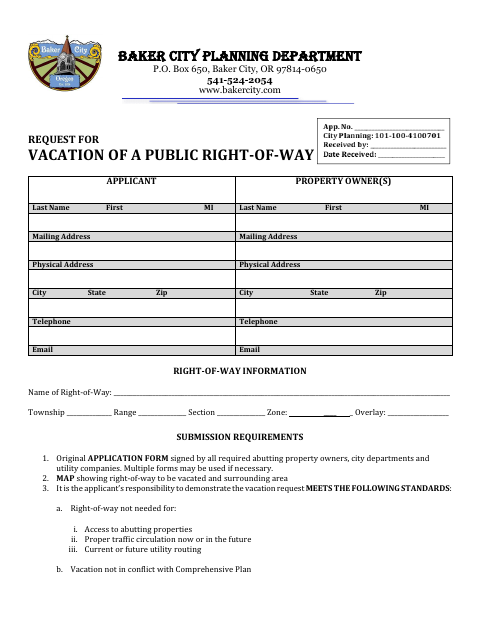First page of the Public Right-of-Way Vacation Request