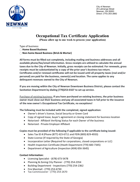 First page of the Occupational Tax Certificate Application