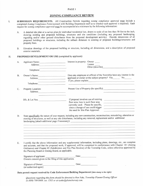 First page of the Zoning Compliance Form