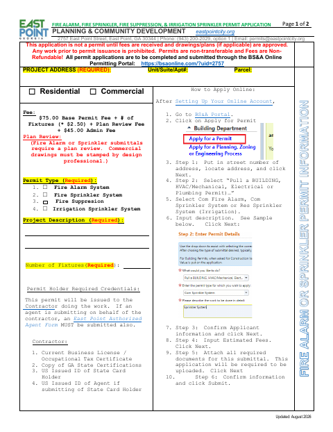 First page of the Fire Alarm, Fire Sprinkler, Fire Suppression, and Irrigation Sprinkler Permit Application