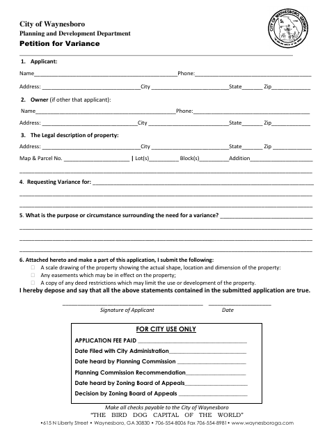 First page of the Petition for Variance