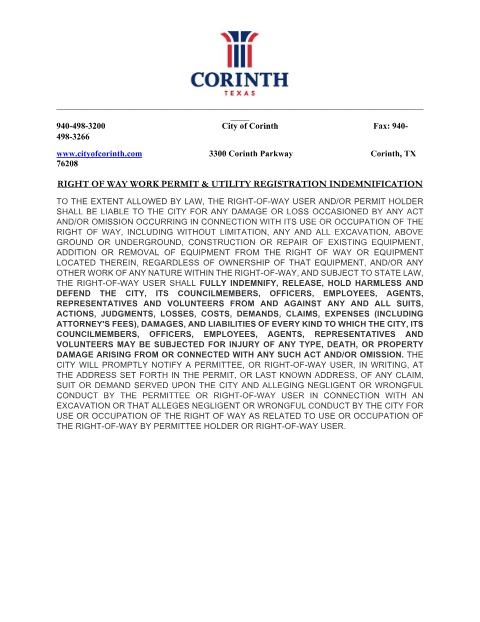 First page of the Right-of-Way Work Permit Indemnification