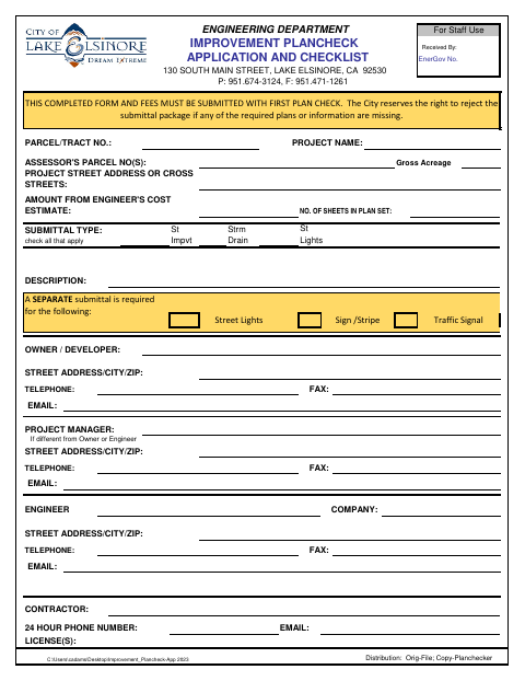 First page of the Improvement Plancheck Application and Checklist