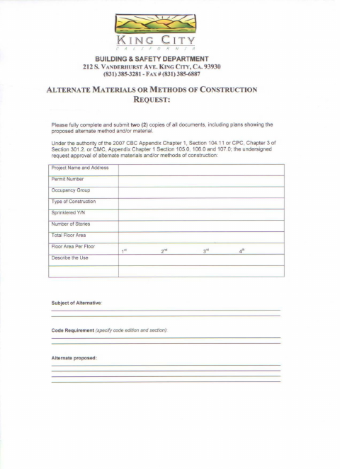 First page of the Alternate Materials or Methods of Construction Request