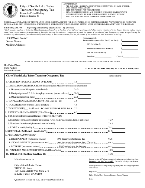 First page of the Transient Occupancy Tax Return for Motel/Hotel