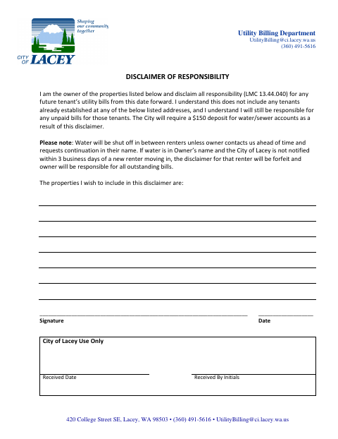 First page of the Disclaimer of Responsibility