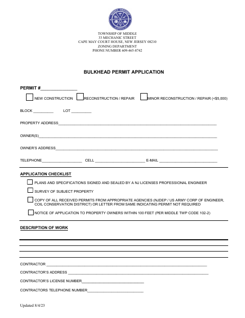 First page of the Bulkhead Permit Application