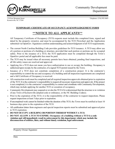 First page of the Temporary Certificate of Occupancy Acknowledgement Form
