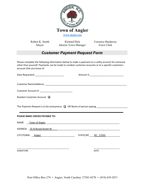 First page of the Customer Payment Request Form