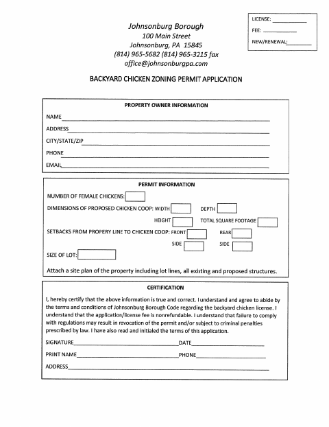First page of the Backyard Chicken Zoning Permit Application