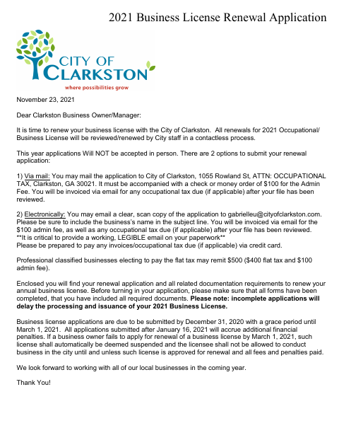 First page of the Business License Renewal Application