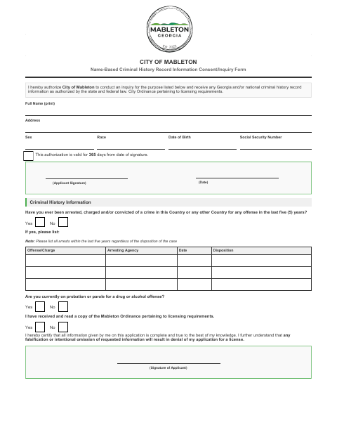 First page of the Name-Based Criminal History Record Information Consent/Inquiry Form