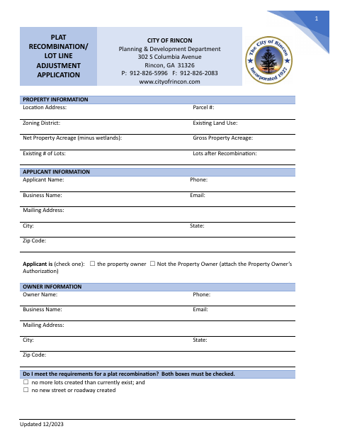 First page of the Plat Recombination / Lot Line Adjustment Application