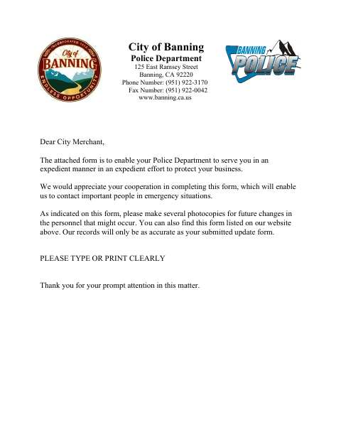 First page of the Business Emergency Update Form