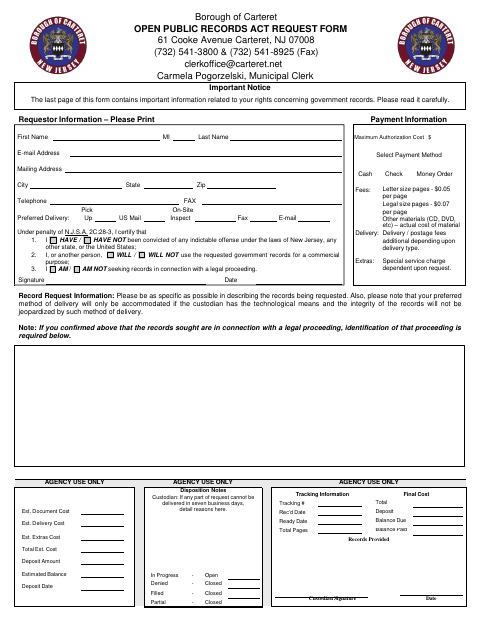 First page of the Open Public Records Act Request Form