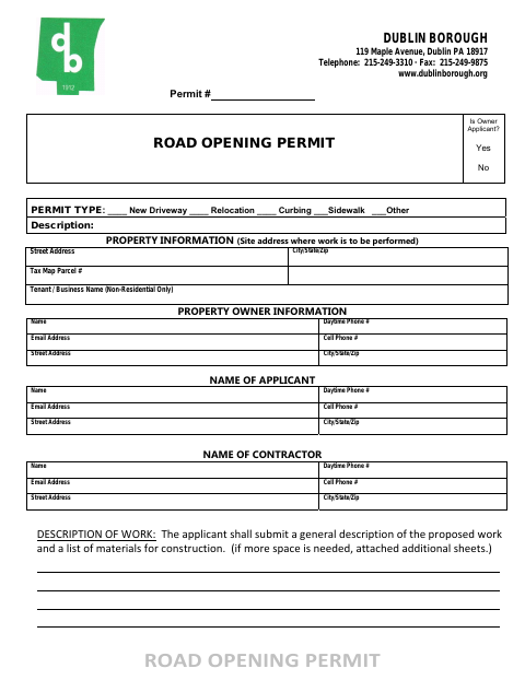 First page of the Road Opening Permit