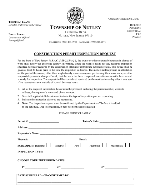 First page of the Construction Permit Inspection Request