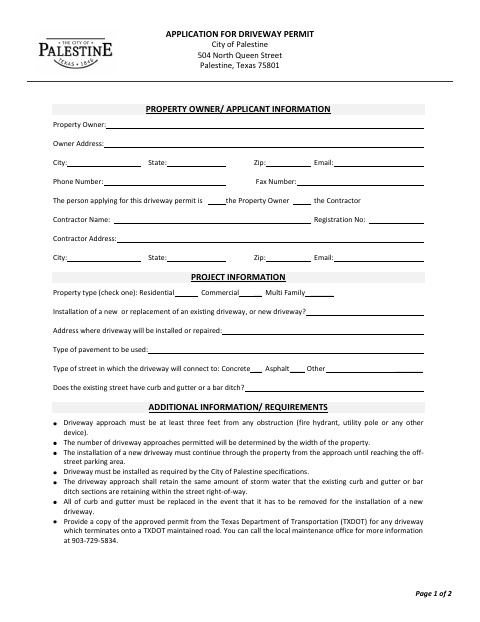 First page of the Application for Driveway Permit