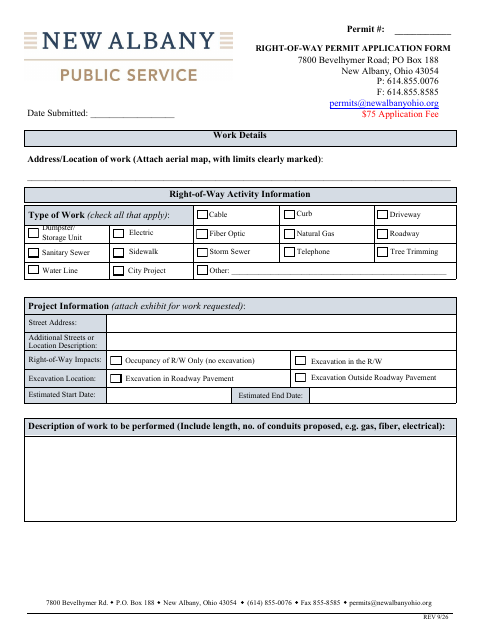 First page of the Right-of-Way Permit Application