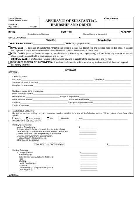 First page of the Affidavit of Substantial Hardship and Order