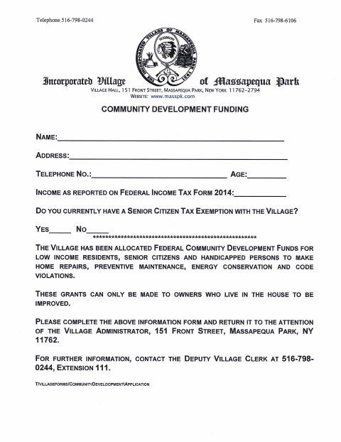 First page of the Community Development Funding Information