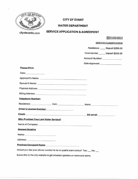 First page of the Water Department Service Application & Agreement