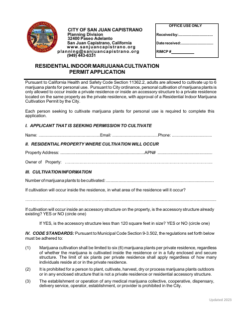 First page of the Residential Indoor Marijuana Cultivation Permit Application