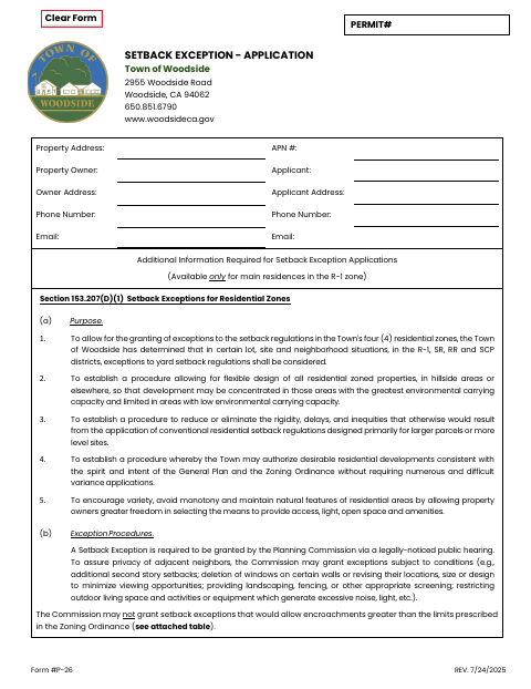 First page of the Setback Exception Application