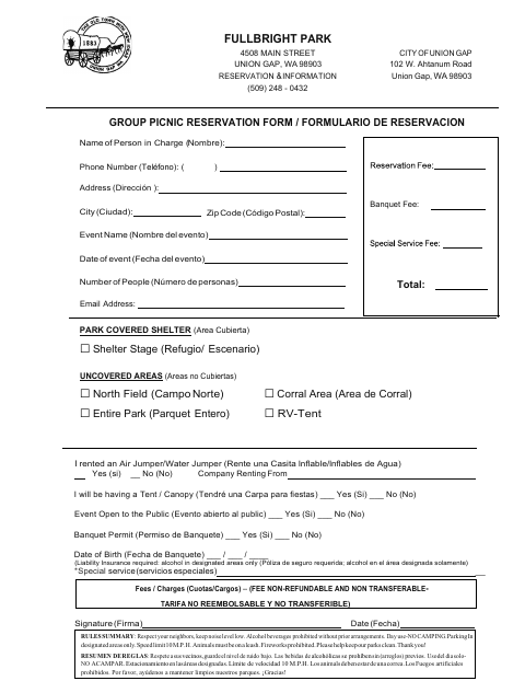 First page of the Group Picnic Reservation Form