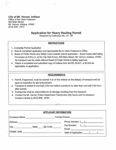 First page of the Application for Heavy Hauling Permit