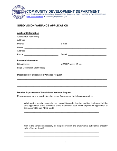 First page of the Subdivision Variance Application