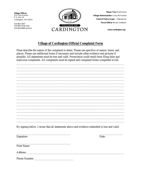 First page of the Official Complaint Form