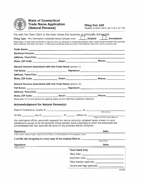 First page of the Trade Name Application for Natural Persons