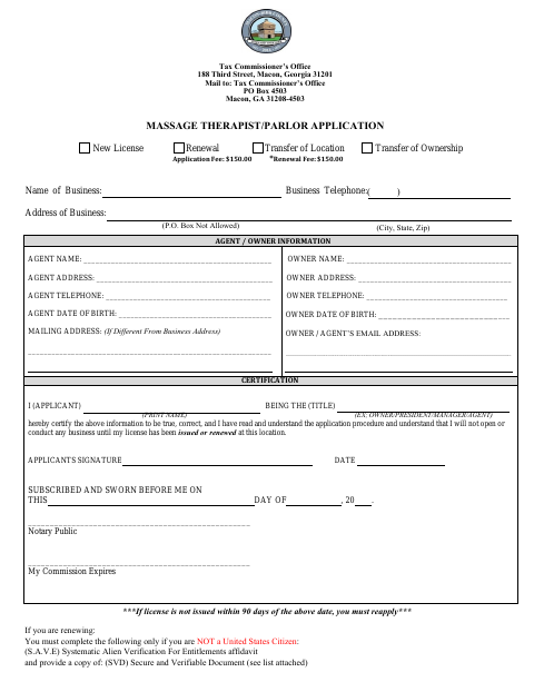 First page of the Massage Therapist/Parlor Application