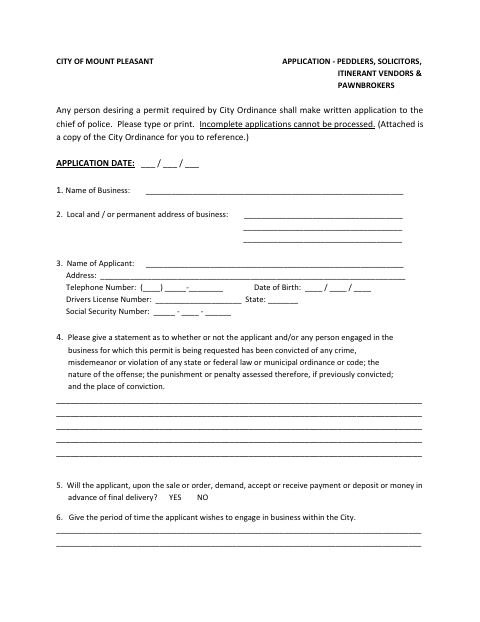 First page of the Peddlers, Solicitors, Itinerant Vendors & Pawnbrokers Application