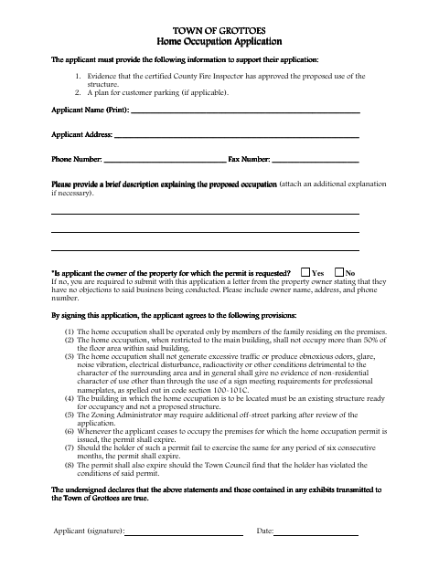First page of the Home Occupation Application
