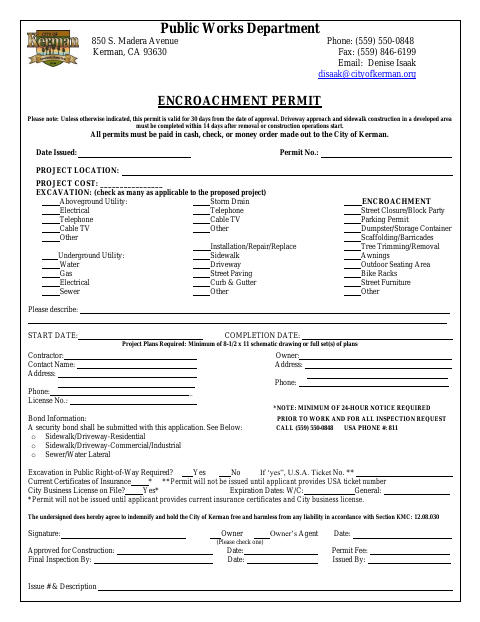 First page of the Encroachment Permit Application