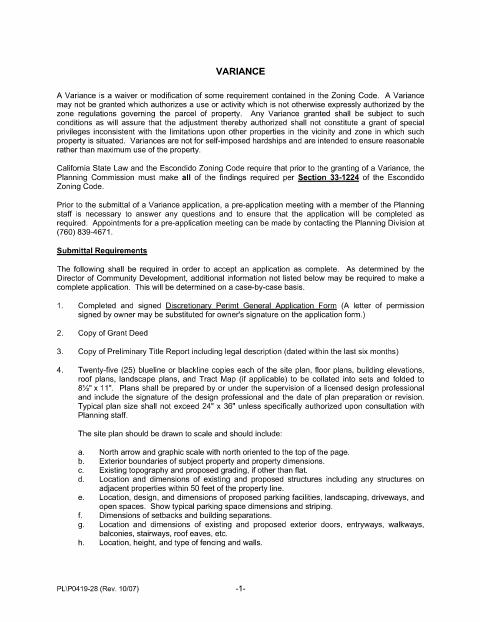 First page of the Variance Application