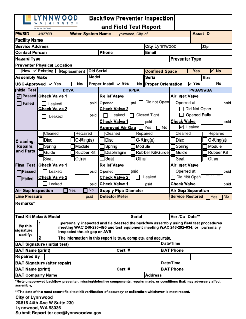 First page of the Backflow Preventer Inspection and Field Test Report