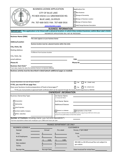 First page of the Business License Application – Business Inside City Limits