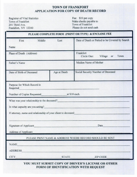 First page of the Application for Copy of Death Record