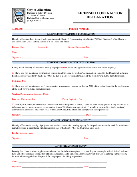 First page of the Licensed Contractor Declaration