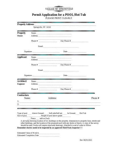 First page of the Permit Application for a Pool/Hot Tub